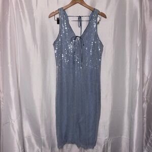 Crystal Doll Light Blue Sequin Mesh V-Neck Tie Back Cocktail Dress XL NWOT